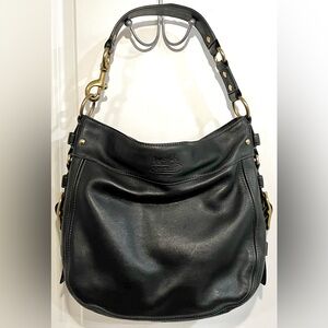 COACH ZOE Large Designer Black Leather Shoulder Bag Purse Gold Trim Buckles MINT